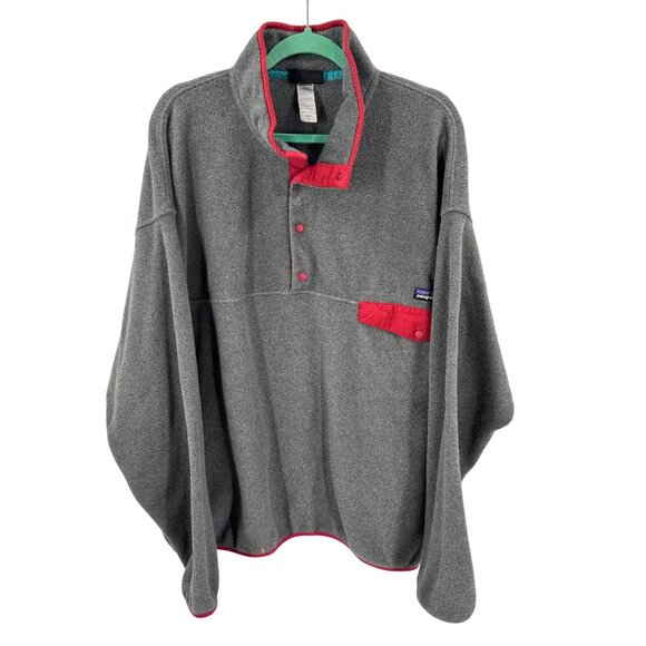 Patagonia Synchilla Grey Fleece Pullover Mens XXL Red Accents Snap-Button Collar - Picture 1 of 6